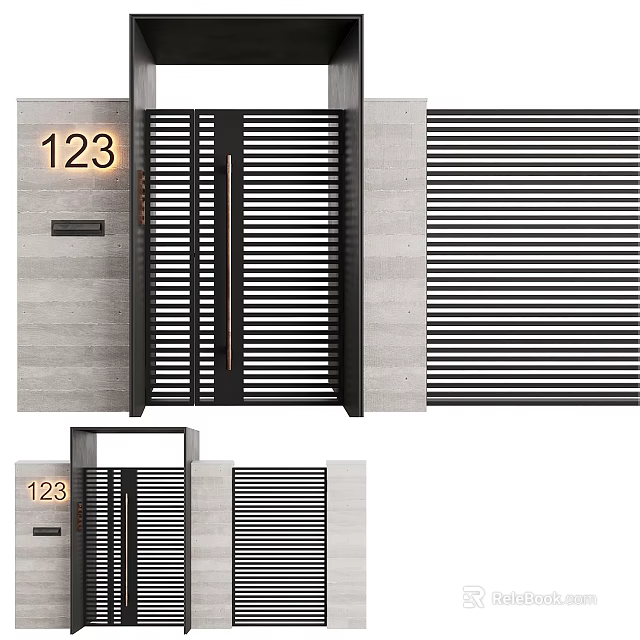 Modern Entrance Gate With House Number 123 Black Slatted Design And Gray Concrete Walls 3d model 