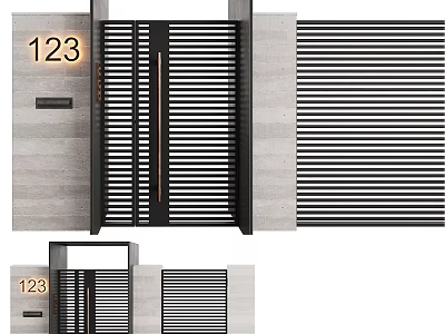 Modern Entrance Gate With House Number 123 Black Slatted Design And Gray Concrete Walls 3d model