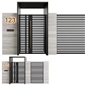 Modern Entrance Gate With House Number 123 Black Slatted Design And Gray Concrete Walls