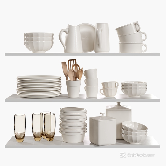 Stylish White Dinnerware Set with Bowls Plates Mugs Pitchers Glassware Wooden Spoons on Layered Shelves 3d model 