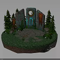 Mystical Stone Platform With Glowing Symbols Pine Trees And Red Inscriptions