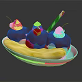 White Plate With Banana Ice Cream Sundae Topped With Chocolate Sauce Cherries And Whipped Cream