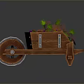Wooden Wheelbarrow Filled With Green Vines And Purple Flowers