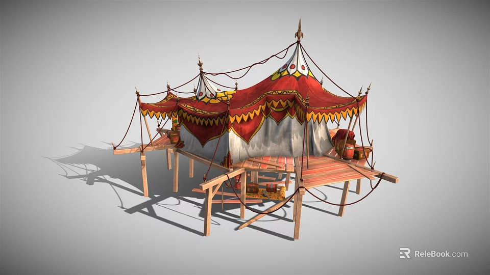 Traditional Decorative Tent with Red and White Fabric Wooden Platform and Ornamental Fringes 3d model 