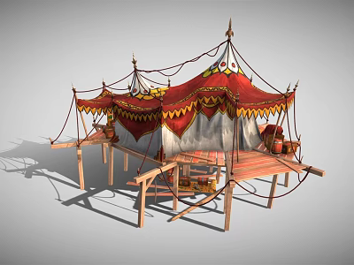Traditional Decorative Tent with Red and White Fabric Wooden Platform and Ornamental Fringes 3d model