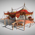 Traditional Decorative Tent with Red and White Fabric Wooden Platform and Ornamental Fringes