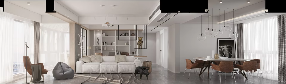 Modern Dining and Living Room Interior With White Sofa Bookshelf Decor And Dining Table Chairs 3d model 