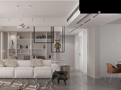 Modern Dining and Living Room Interior With White Sofa Bookshelf Decor And Dining Table Chairs 3d model