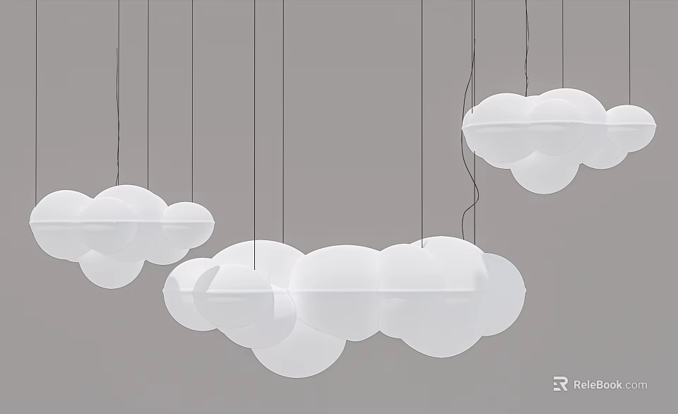 White Cloud Shaped Chandeliers Hanging With Thin Wires In Modern Minimalist Interior 3d model 