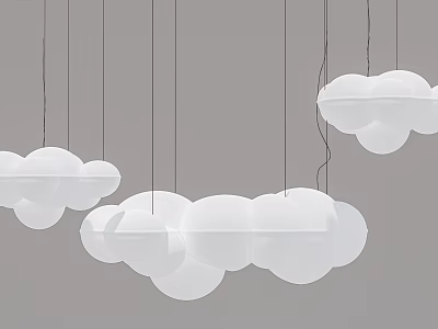 White Cloud Shaped Chandeliers Hanging With Thin Wires In Modern Minimalist Interior 3d model