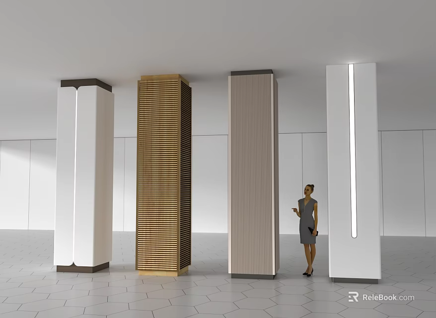 Modern Interior Space With Four Columns Of Different Designs And Materials With Woman Standing Beside 3d model 