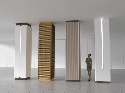 Modern Interior Space With Four Columns Of Different Designs And Materials With Woman Standing Beside 3d model