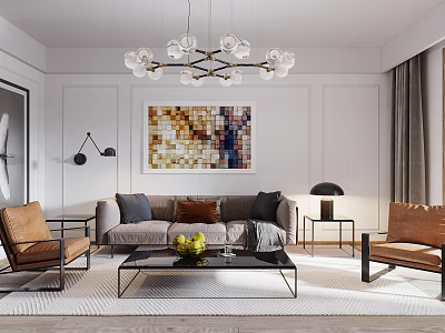 Modern Living Room Interior Design With Sofa Armchairs Coffee Table Chandelier Artwork And Area Rug 3d model