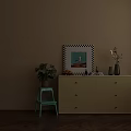 Beige Sideboard With Drawers Gold Handles Green Plant Fruit Basket Seagull Painting And Vases