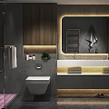 Modern Luxurious Dark Tone Bathroom Interior With Warm Ambient Lighting And Full Practical Functional Fixtures