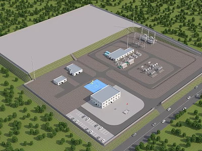 Industrial Plant Site With Multiple Buildings Equipment Parking Lot And Surrounding Trees 3d model