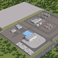 Industrial Plant Site With Multiple Buildings Equipment Parking Lot And Surrounding Trees