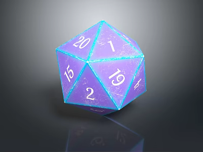 Purple Icosahedral Die With Numbers And Shiny Surface On Dark Background 3d model