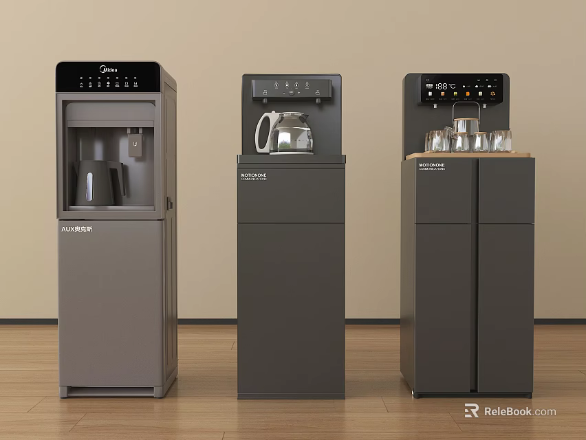 Modern Gray Vertical Household Appliances Water Dispenser Coffee Maker And Cup Holder 3d model 