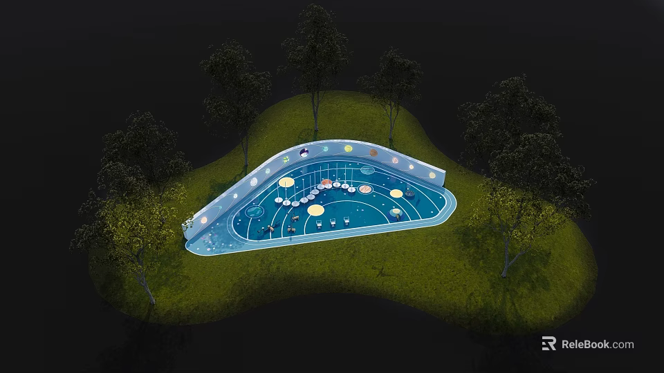 Outdoor Kids Play Area With Blue Playground Surrounded By Trees And Green Grass 3d model 