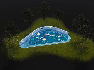 Outdoor Kids Play Area With Blue Playground Surrounded By Trees And Green Grass 3d model
