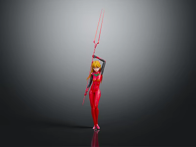 Female Character With Red Bodysuit Long Blonde Hair Holding Red Spears Standing Against Dark Background 3d model