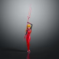 Female Character With Red Bodysuit Long Blonde Hair Holding Red Spears Standing Against Dark Background