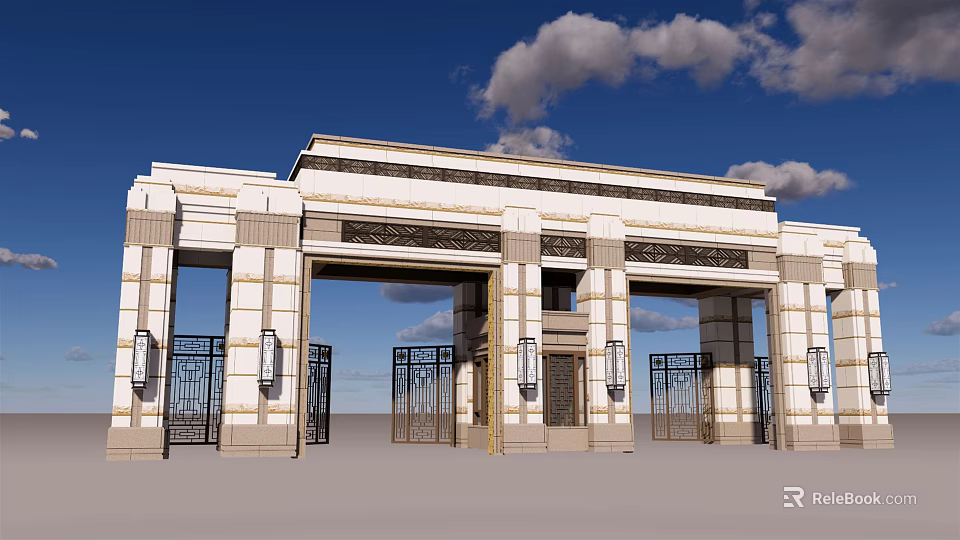 Grand Entrance Gate With Classic Stone Columns And Ornate Metal Doors 3d model 