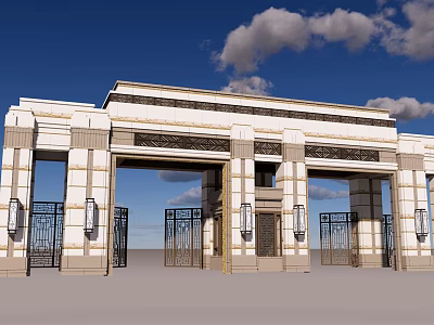 Grand Entrance Gate With Classic Stone Columns And Ornate Metal Doors 3d model