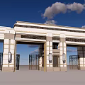 Grand Entrance Gate With Classic Stone Columns And Ornate Metal Doors