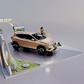 Dongfeng Nissan Exhibition Booth With Golden SUV White Chairs And Green Plants