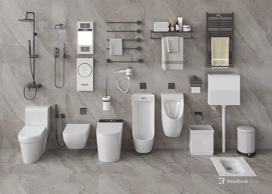 Modern White Bathroom Fixture Set With Toilet Urinal Washbasin Shower System Towel Rack And Shelf 3d model 