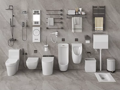 Modern White Bathroom Fixture Set With Toilet Urinal Washbasin Shower System Towel Rack And Shelf 3d model