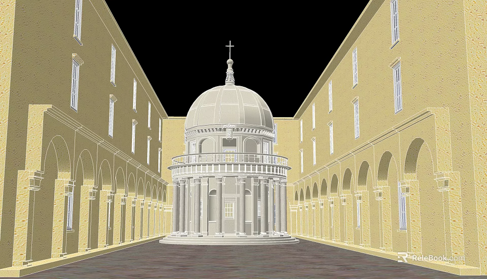 Elegant Detached Villa With Central Dome Courtyard Arched Doorways And Yellow Buildings 3d model 