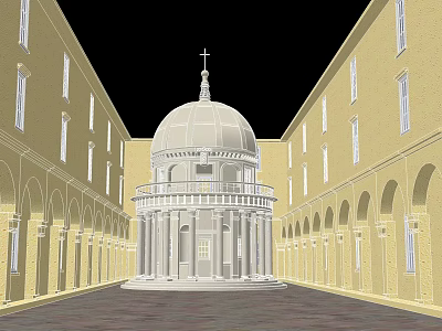 Elegant Detached Villa With Central Dome Courtyard Arched Doorways And Yellow Buildings 3d model
