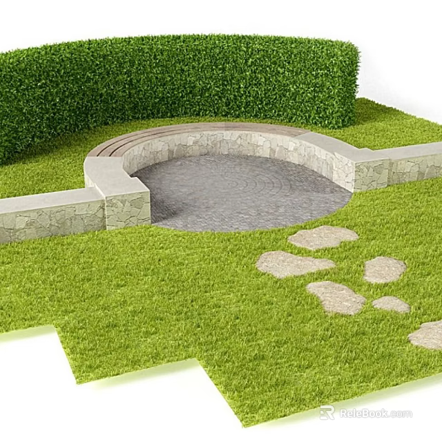 Garden Ornament Featuring Green Lawn Trimmed Hedge Circular Stone Area And Stone Path 3d model 