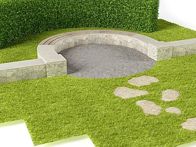 Garden Ornament Featuring Green Lawn Trimmed Hedge Circular Stone Area And Stone Path 3d model