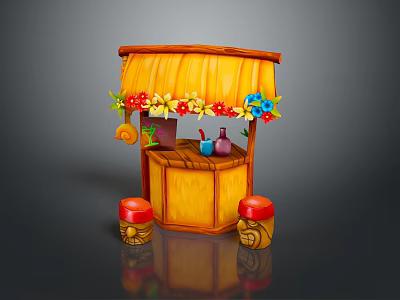 Indoor Decorative Small Booth With Yellow Canopy Flower Decorations And Mushroom Stools 3d model