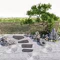 Garden Ornament Featuring Bamboo Fence Bonsai Tree Rocks Stone Slabs And Zen Gravel