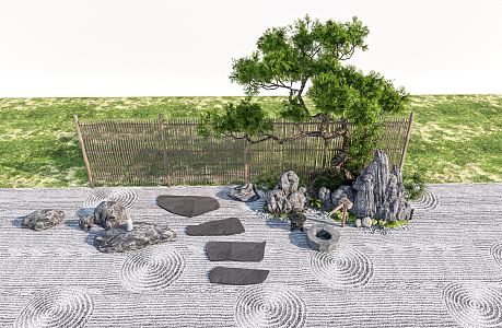 New Chinese style landscape sketch dry landscape Zen landscape homestay courtyard gate fence wooden fence 3d model