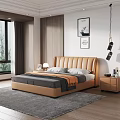 Modern Luxury Bedroom With Leather Headboard Double Bed Gray Orange Bedding Nightstand Wall Art Carpet