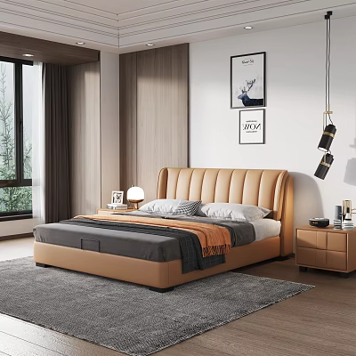 Modern Luxury Bedroom With Leather Headboard Double Bed Gray Orange Bedding Nightstand Wall Art Carpet 3d model