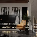 Modern Living Room Interior Design With Wooden Ceiling LED Lights Dark Sofa And Decorative Art