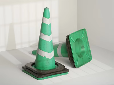 Green Road Traffic Cones With White Stripes And Square Base For Road Safety 3d model