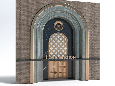 Elegant Storefront Entrance With Arched Doorway Lattice Detail Brick Wall And Love Station Sign 3d model