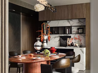 Elegant Modern Restaurant Interior With Round Dining Table Wooden Backdrop And Decorative Centerpieces 3d model