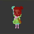 Cartoon Girl With Curly Brown Hair Buns White Blouse Brown Skirt Striped Socks Red Shoes