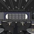 Modern Bar Interior Design With Black Seats Round Tables Blue Curtain And Hanging Lighting