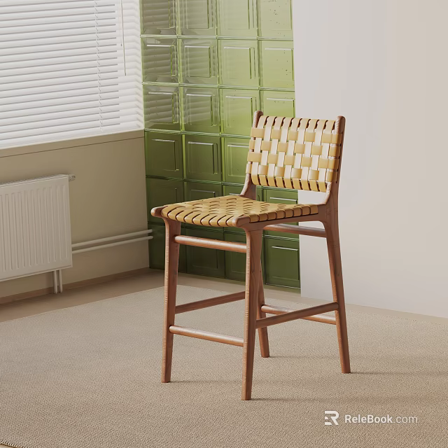 Woven Wooden Bar Stool In Modern Interior With Green Glass Block Wall And White Blinds 3d model 