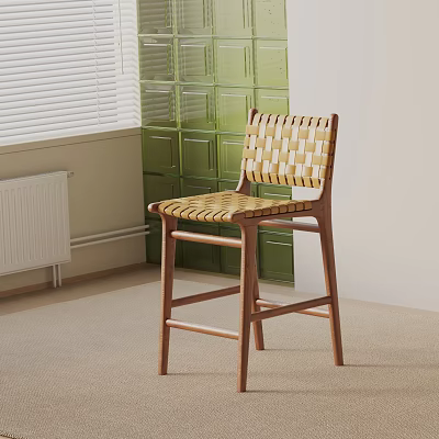 Woven Wooden Bar Stool In Modern Interior With Green Glass Block Wall And White Blinds 3d model
